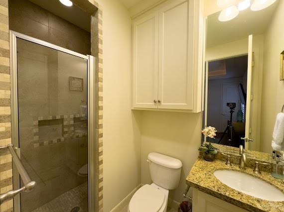 bathroom with toilet, vanity, and walk in shower