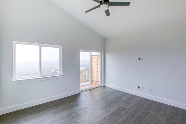 empty room with ceiling fan, dark wood-type flooring, and high vaulted ceiling