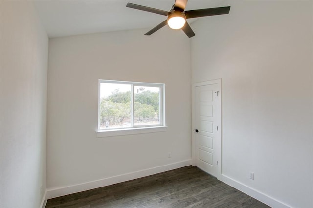 unfurnished room featuring ceiling fan, high vaulted ceiling, and dark hardwood / wood-style flooring