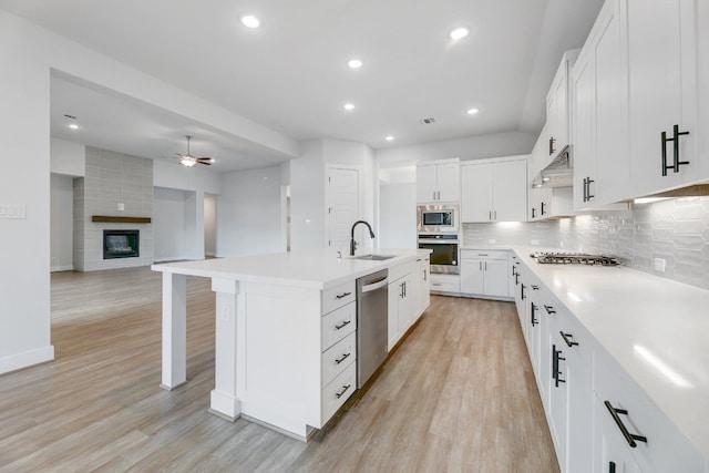 kitchen featuring stainless steel appliances, a fireplace, ceiling fan, light hardwood / wood-style flooring, and white cabinets