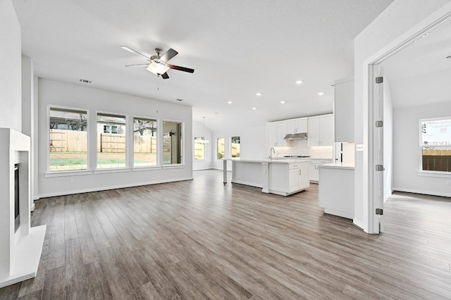 unfurnished living room featuring sink, light hardwood / wood-style flooring, and ceiling fan