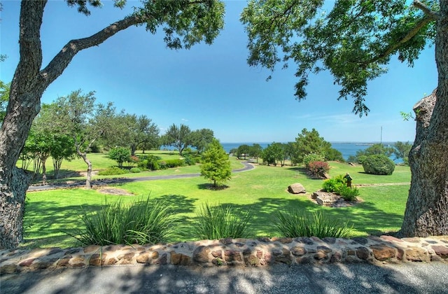 view of nearby features featuring a water view and a lawn