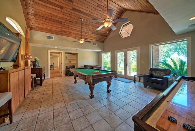 game room featuring pool table, light tile flooring, high vaulted ceiling, wooden ceiling, and french doors