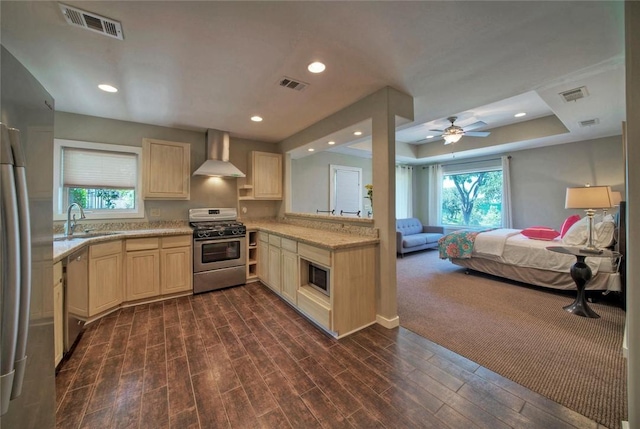 kitchen featuring ceiling fan, wall chimney exhaust hood, appliances with stainless steel finishes, dark colored carpet, and sink