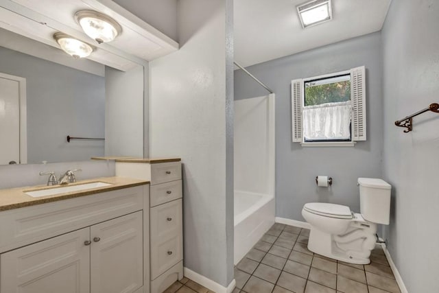 full bathroom featuring bathing tub / shower combination, tile floors, toilet, and oversized vanity