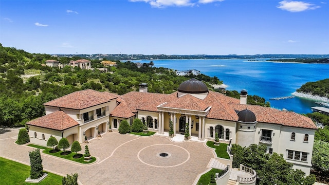 aerial view featuring a water view