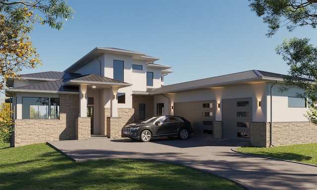 prairie-style home with a front yard and a garage