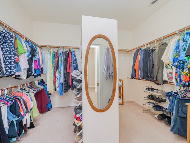 spacious closet featuring light colored carpet