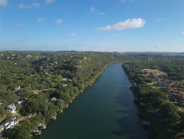 drone / aerial view featuring a water view