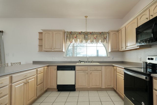 kitchen with light brown cabinets, stainless steel electric range oven, dishwasher, sink, and light tile flooring