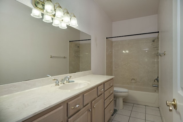 full bathroom with tiled shower / bath combo, vanity, tile floors, and toilet