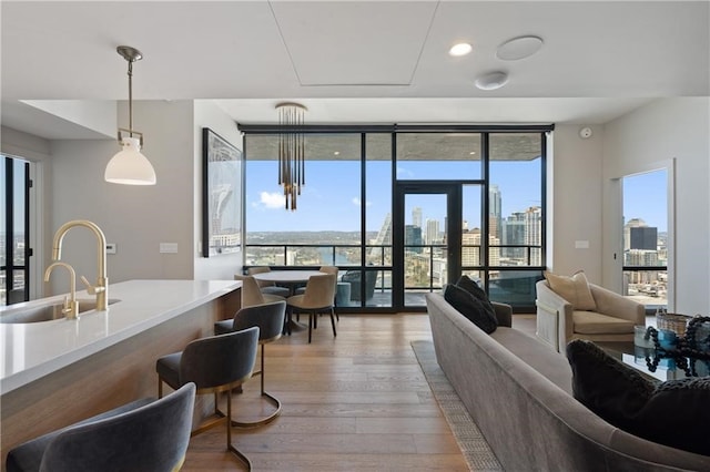 living room featuring light hardwood / wood-style flooring, sink, and plenty of natural light