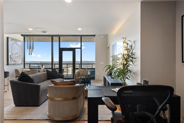 living room with a wall of windows and light wood-type flooring