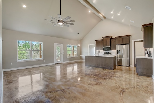 kitchen featuring appliances with stainless steel finishes, ceiling fan, beam ceiling, decorative light fixtures, and high vaulted ceiling