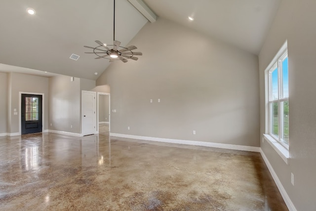 spare room with high vaulted ceiling, beam ceiling, and ceiling fan