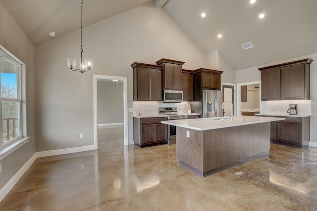 kitchen with appliances with stainless steel finishes, decorative light fixtures, a chandelier, and backsplash