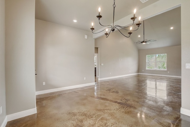 empty room with lofted ceiling and ceiling fan with notable chandelier