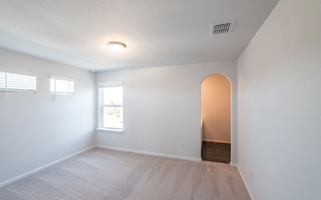 spare room featuring a textured ceiling and light colored carpet