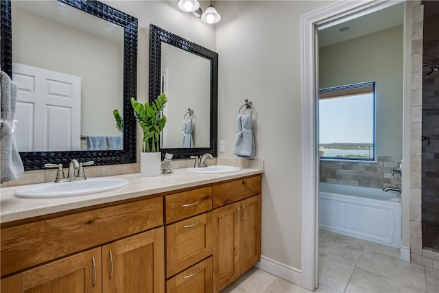 bathroom featuring dual vanity and tile flooring