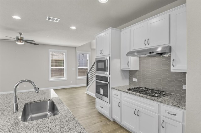 kitchen with ceiling fan, appliances with stainless steel finishes, sink, and white cabinetry