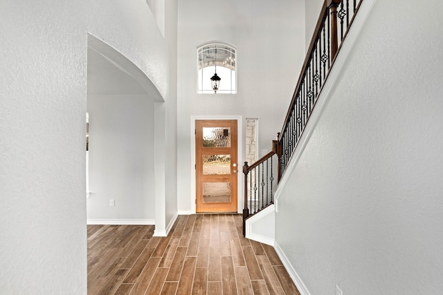 foyer with a towering ceiling and dark hardwood / wood-style flooring