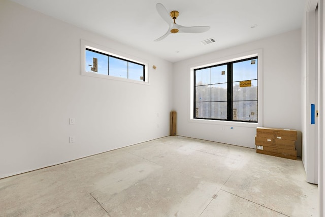 empty room with visible vents and a ceiling fan