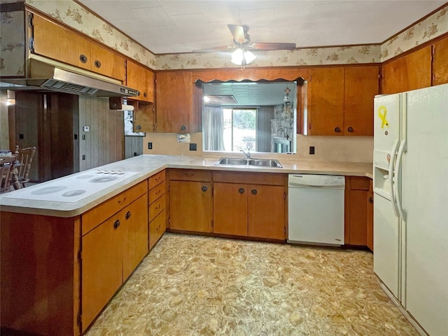 kitchen with white appliances, sink, ceiling fan, and light tile flooring