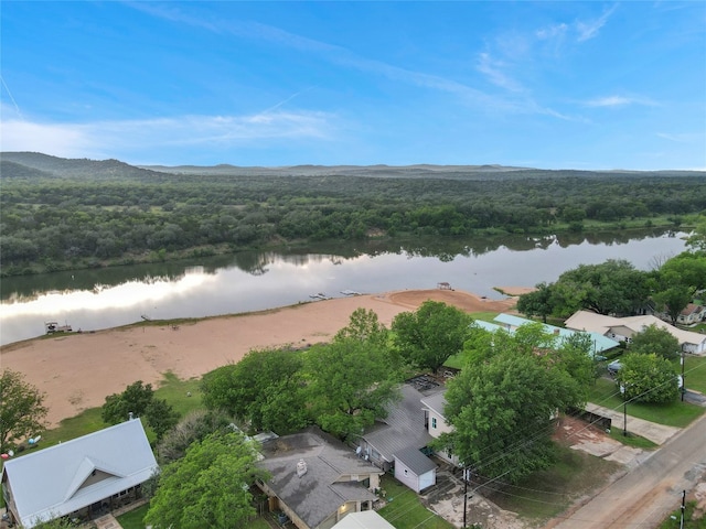 drone / aerial view with a water view