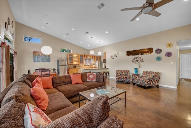 tiled living room featuring high vaulted ceiling and ceiling fan