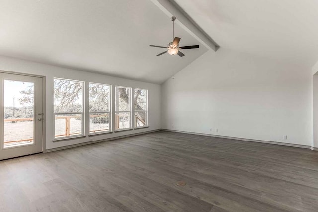 spare room featuring ceiling fan, dark wood-type flooring, beamed ceiling, and high vaulted ceiling