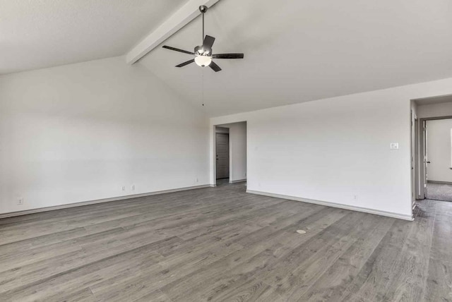 empty room with high vaulted ceiling, light hardwood / wood-style floors, ceiling fan, and beamed ceiling