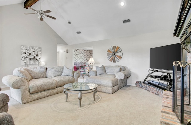 living room featuring light carpet, ceiling fan, high vaulted ceiling, and beamed ceiling