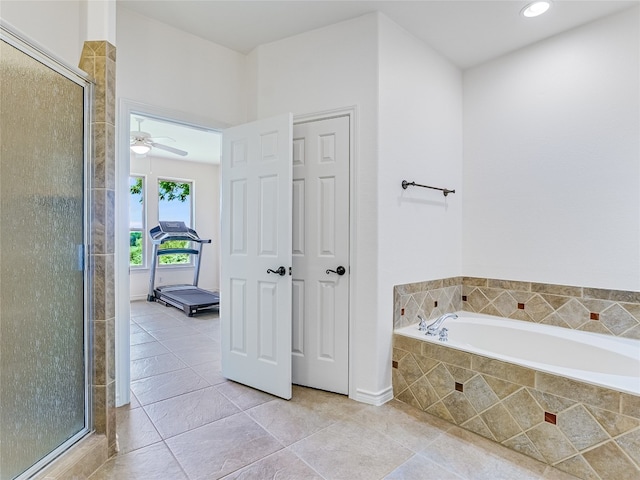 bathroom featuring tile patterned flooring, ceiling fan, and separate shower and tub