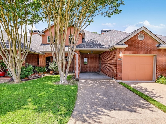 539 Colovista Pkwy Unit C101, Bastrop, TX 78602 - view of front of property with an attached garage, roof with shingles, brick siding, and a front lawn