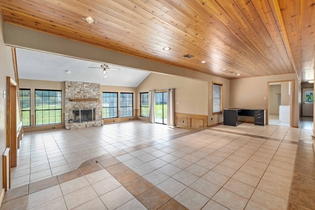 unfurnished living room with wood ceiling, ceiling fan, a healthy amount of sunlight, and a fireplace