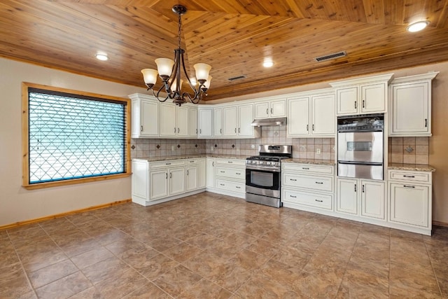 kitchen featuring hanging light fixtures, wood ceiling, appliances with stainless steel finishes, backsplash, and an inviting chandelier