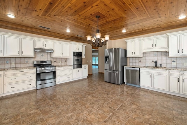 kitchen with sink, appliances with stainless steel finishes, wooden ceiling, tasteful backsplash, and a notable chandelier