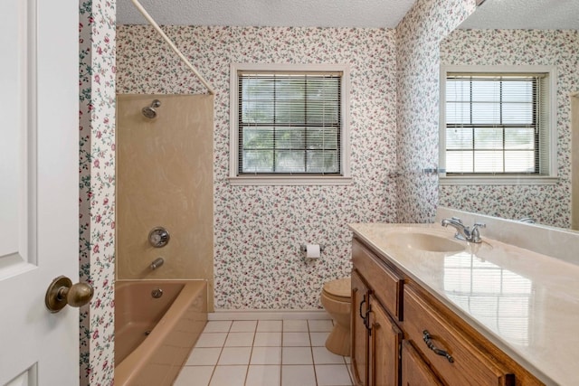 full bathroom with toilet, shower / bath combination, tile flooring, a textured ceiling, and vanity