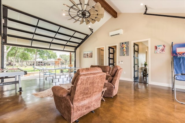 living room featuring high vaulted ceiling, a wall mounted AC, and beamed ceiling