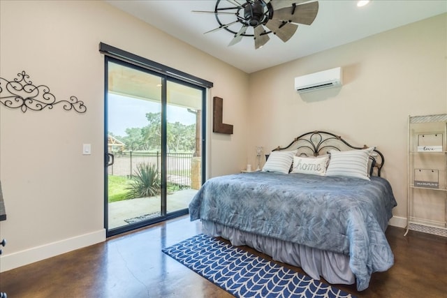 bedroom featuring ceiling fan, access to outside, and an AC wall unit