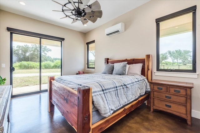 bedroom with access to outside, ceiling fan, and a wall unit AC