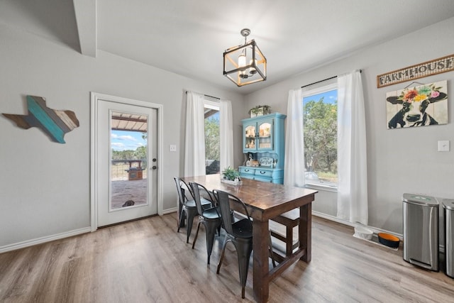 dining room with a notable chandelier, light hardwood / wood-style flooring, and a wealth of natural light