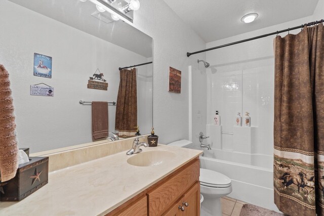 full bathroom with tile patterned flooring, vanity, toilet, and shower / tub combo with curtain