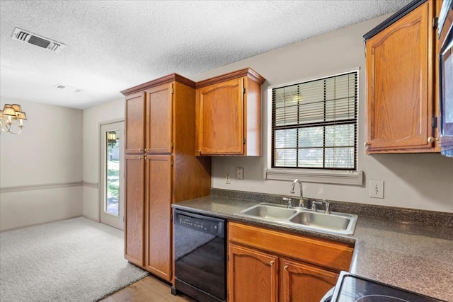 kitchen with sink, black dishwasher, light carpet, and a textured ceiling