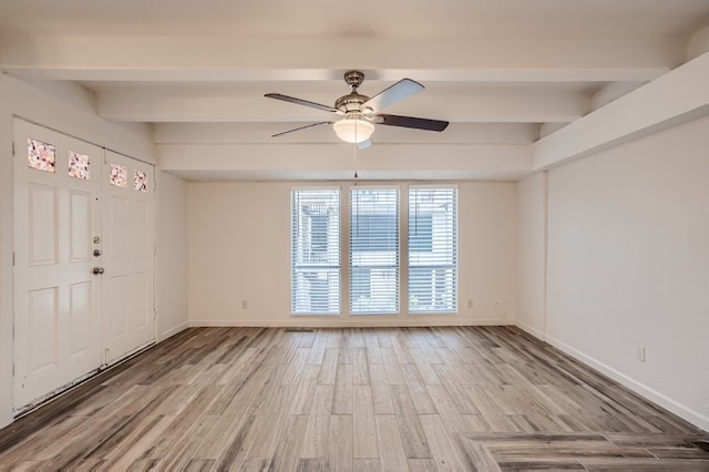 empty room featuring ceiling fan, beam ceiling, and hardwood / wood-style floors