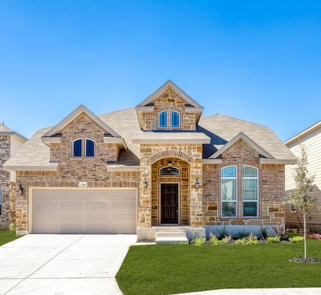 view of front of property with a front yard and a garage