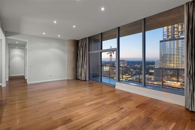 spare room featuring wood-type flooring and expansive windows