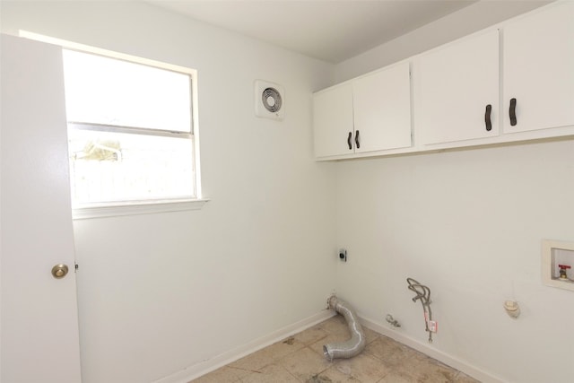 laundry room featuring washer hookup, light tile floors, hookup for a gas dryer, hookup for an electric dryer, and cabinets