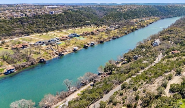 drone / aerial view featuring a water view