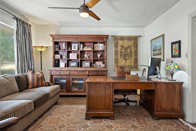 office space with dark hardwood / wood-style flooring, ceiling fan, and crown molding